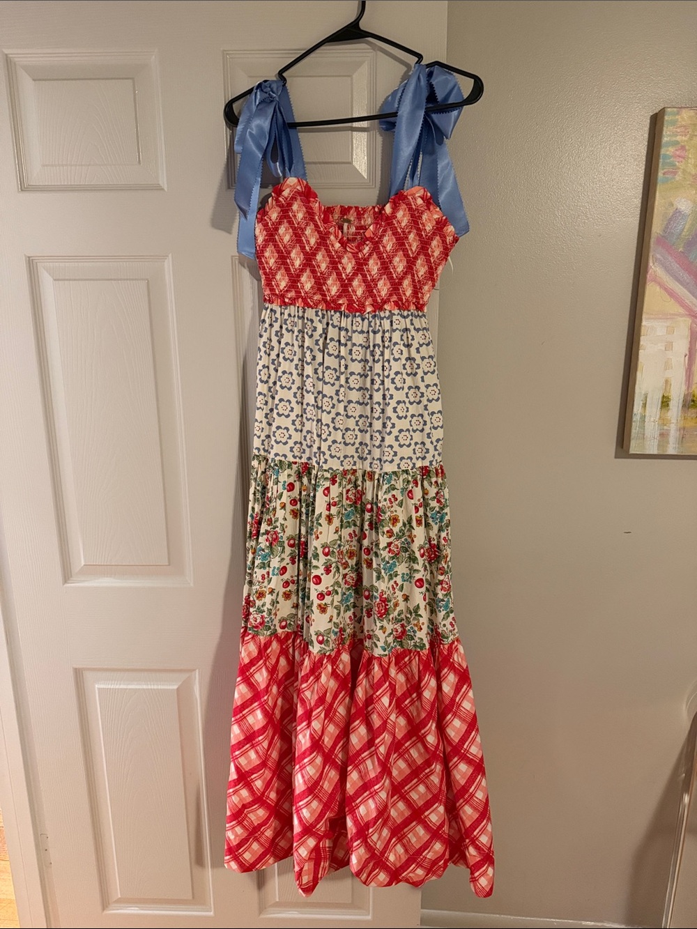 Red, Blue and White Dress with Floral and Plaid